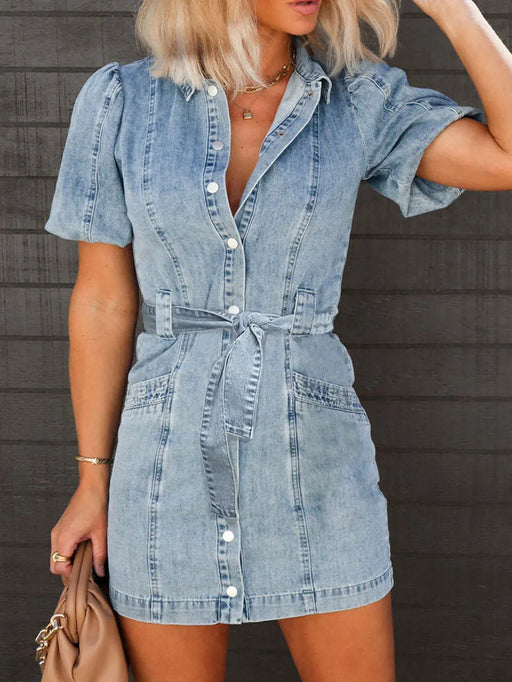 Stylish puff sleeve mini dress with pockets, made from cotton-polyester blend, perfect for casual wear