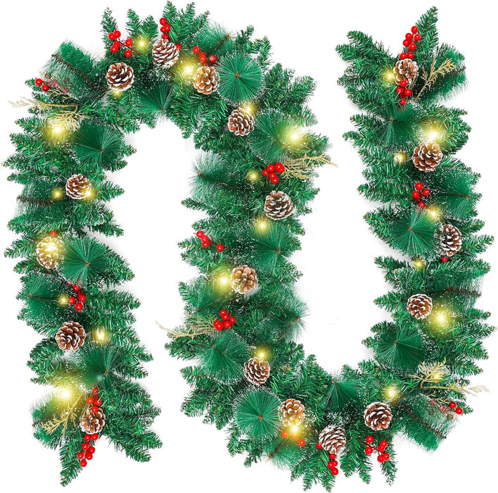 9Ft Christmas Garland Snow Flocked with Lights Pinecones Berries Wreath Bushy