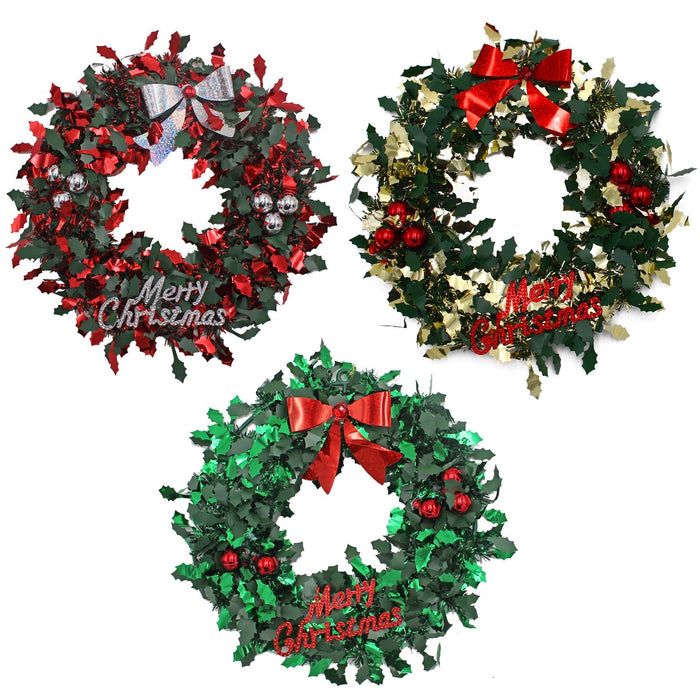 Christmas Holly Tinsel Wreath Decoration 25Cm - Choose Colour