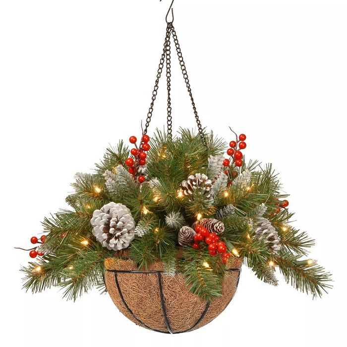 Pre-Lit Artificial Plants Hanging Basket Decorated with Berry Frosted Pine Cones