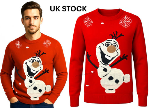 Men’s red snowman Christmas jumper with white snowflake design