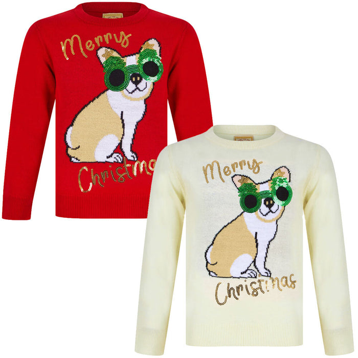 Kids Girls Christmas Jumper Glasses Dog Novelty Sequinned Xmas Sweater Pullover