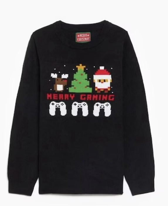 Boys Gaming Christmas Jumper Kids Xmas Sweater Black Knit Festive Gamer Pullover