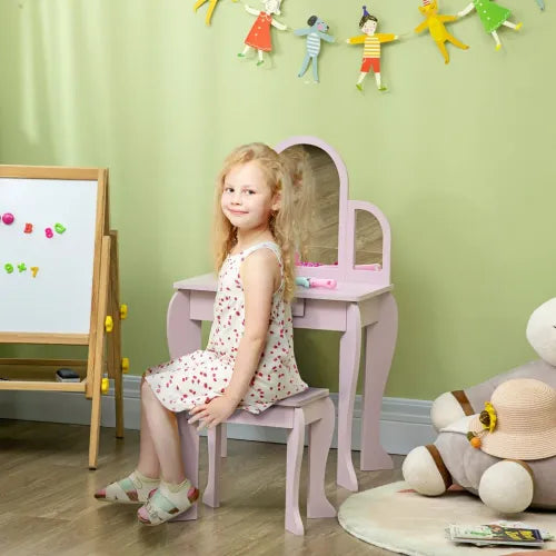 Kids Dressing Table and Stool w/ Mirror and Drawer, for Ages 3-6 Years - Pink - Samanta Factory