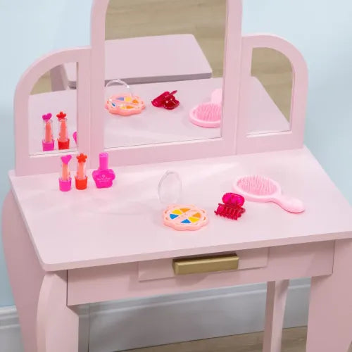 Kids Dressing Table and Stool w/ Mirror and Drawer, for Ages 3-6 Years - Pink - Samanta Factory