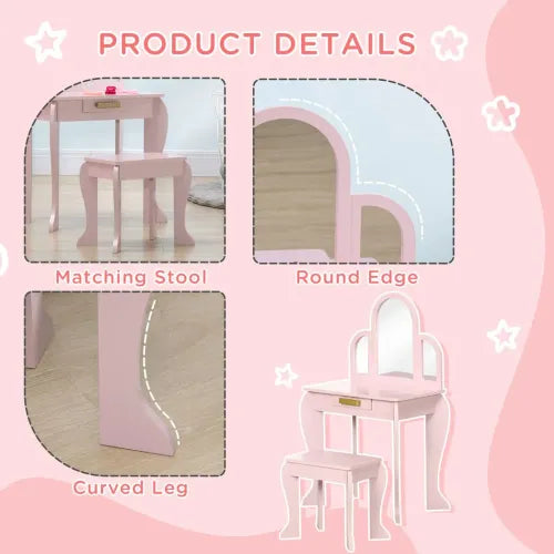 Kids Dressing Table and Stool w/ Mirror and Drawer, for Ages 3-6 Years - Pink - Samanta Factory