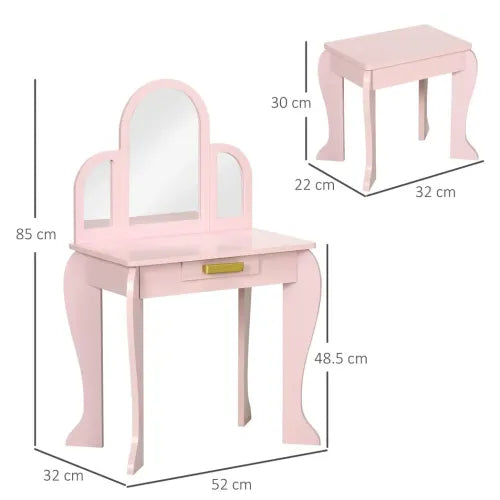 Kids Dressing Table and Stool w/ Mirror and Drawer, for Ages 3-6 Years - Pink - Samanta Factory