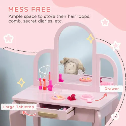 Kids Dressing Table and Stool w/ Mirror and Drawer, for Ages 3-6 Years - Pink - Samanta Factory