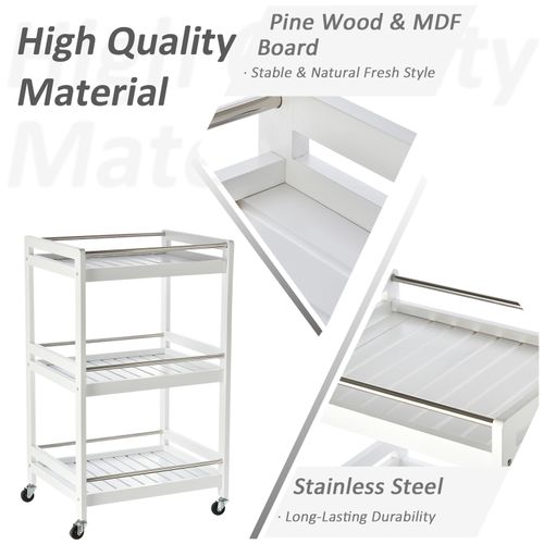 Pine Wood 3-Tier Kitchen Trolley White - Samanta Factory