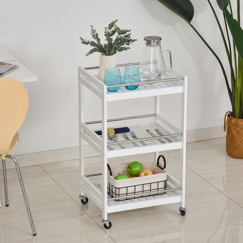 Pine Wood 3-Tier Kitchen Trolley White - Samanta Factory