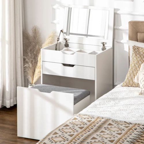 White Dressing Table Set w/ Mirror & Stool – Glam Vanity + Storage! ✨ - Samanta Factory