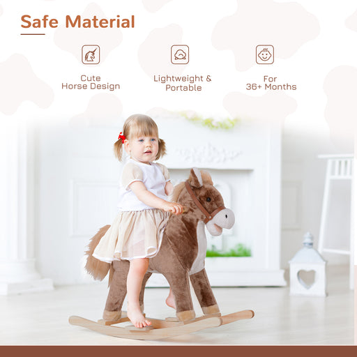 Brown and White Plush Rocking Horse for Toddlers – Wooden Frame Ride-On Toy