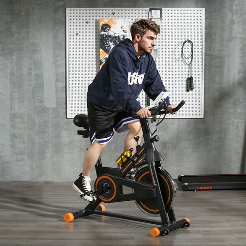 HOMCOM Exercise Bike Indoor Cycling w/ LCD Display, Heart Rate Sensor, Orange - Samanta Factory