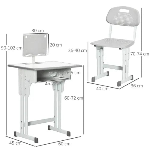 Kids Desk and Chair Set Adjustable Height Study Table w/ Book Stand - Grey - Samanta Factory