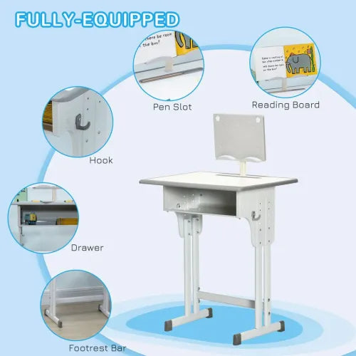 Kids Desk and Chair Set Adjustable Height Study Table w/ Book Stand - Grey - Samanta Factory