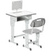 Grey height-adjustable kids study desk and chair set with book stand, drawer, and cup holder