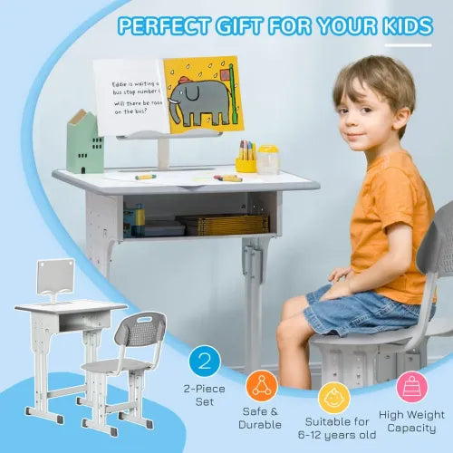 Kids Desk and Chair Set Adjustable Height Study Table w/ Book Stand - Grey - Samanta Factory