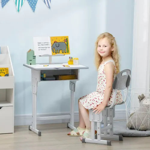 Kids Desk and Chair Set Adjustable Height Study Table w/ Book Stand - Grey - Samanta Factory