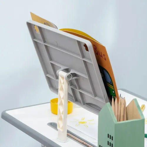 Kids Desk and Chair Set Adjustable Height Study Table w/ Book Stand - Grey - Samanta Factory