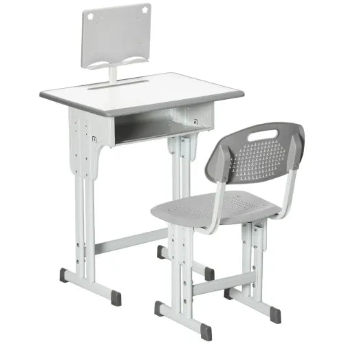Kids Desk and Chair Set Adjustable Height Study Table w/ Book Stand - Grey - Samanta Factory