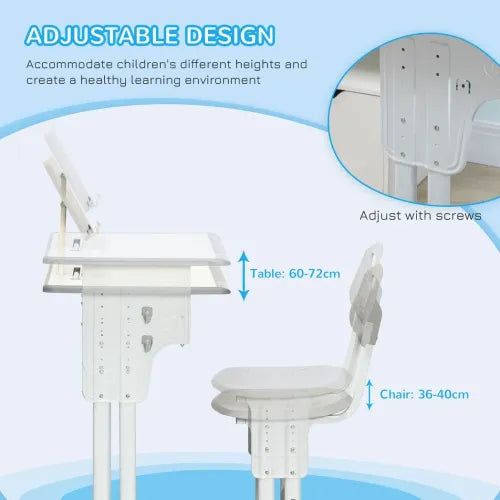Kids Desk and Chair Set Adjustable Height Study Table w/ Book Stand - Grey - Samanta Factory