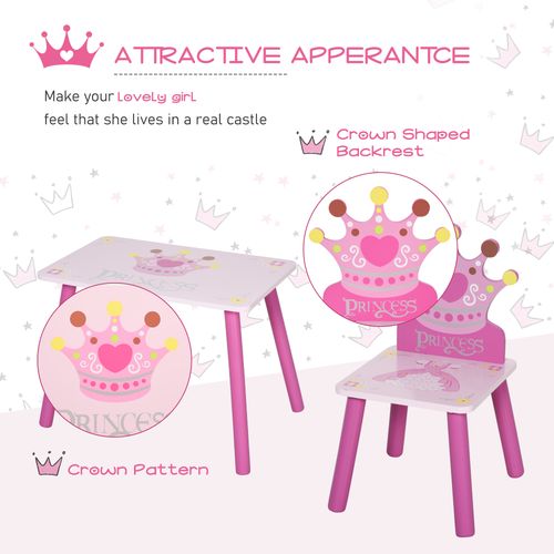 3 Pcs Kids Princess & Crown Chair Table Set Home Furniture 2-4 Yrs Pink HOMCOM - Samanta Factory