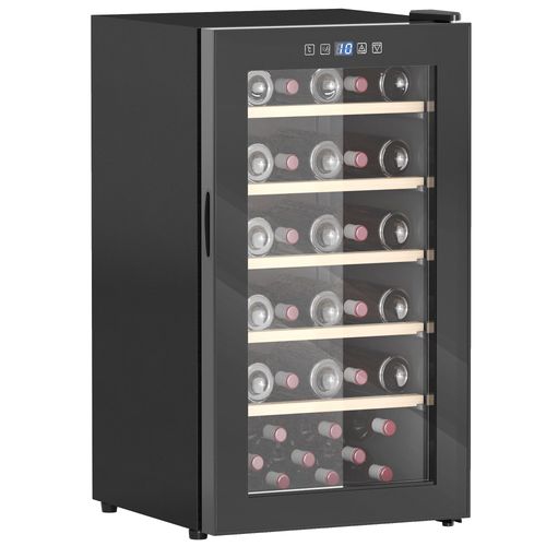Freestanding wine refrigerator with wood finish, temperature control, and removable racks holding up to 41 wine bottles.