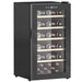 Freestanding wine refrigerator with wood finish, temperature control, and removable racks holding up to 41 wine bottles.