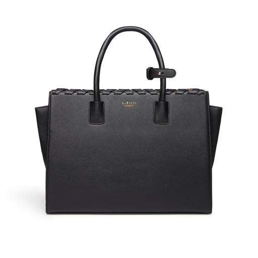 Women’s Sheila Laptop Bag in black vegan leather with braided detailing and crossbody strap
