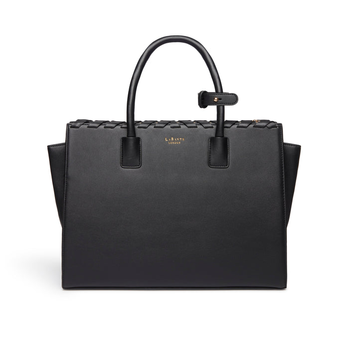 Women’s Sheila Laptop Bag in black vegan leather with braided detailing and crossbody strap