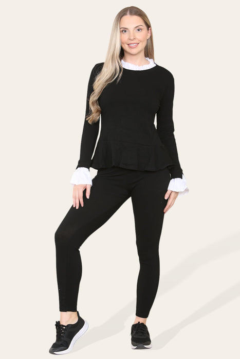 Peplum frill neck pleated lounge wear set with matching top and bottom for women