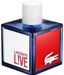 Lacoste L!VE Pour Homme Eau de Toilette 75ml spray bottle, showcasing its modern and vibrant design
