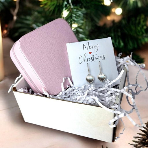 Christmas gift set with silver heart earrings and pink travel jewellery box.