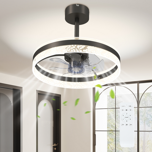 Modern ceiling fan with LED light, remote control, and acrylic bubble shade with reversible motor

