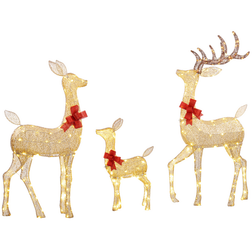 Three-piece gold-tone reindeer family outdoor Christmas decoration with LED lights