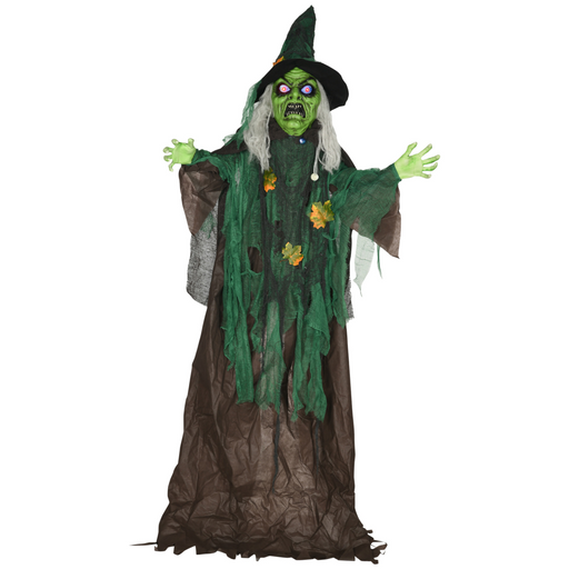 183 cm interactive Halloween witch animatronic with bendable arms, LED lights, and talking sounds for indoor and covered outdoor display