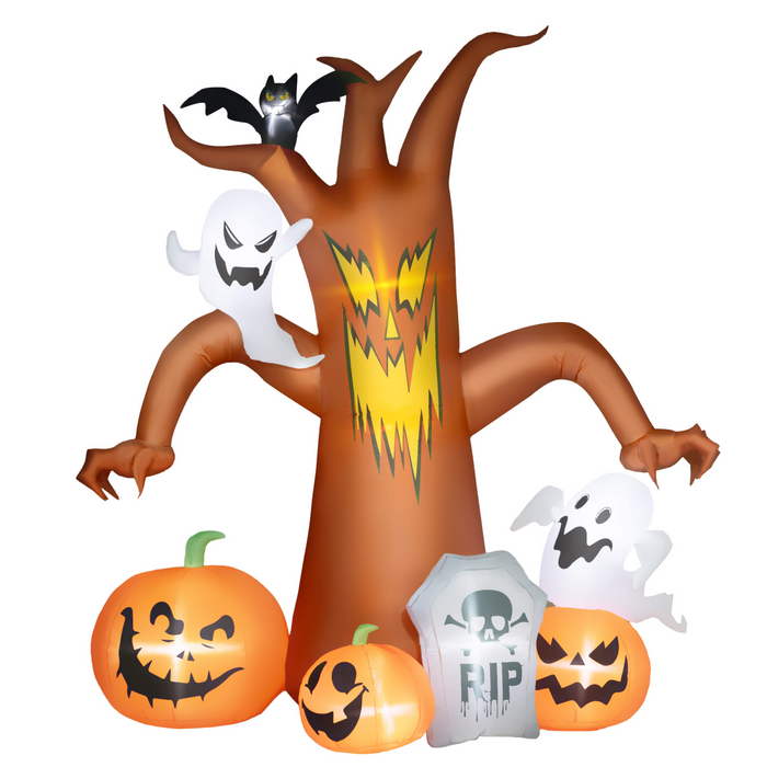 240cm Halloween inflatable ghost tree with tombstone, pumpkins, bats, and white & yellow LED lights