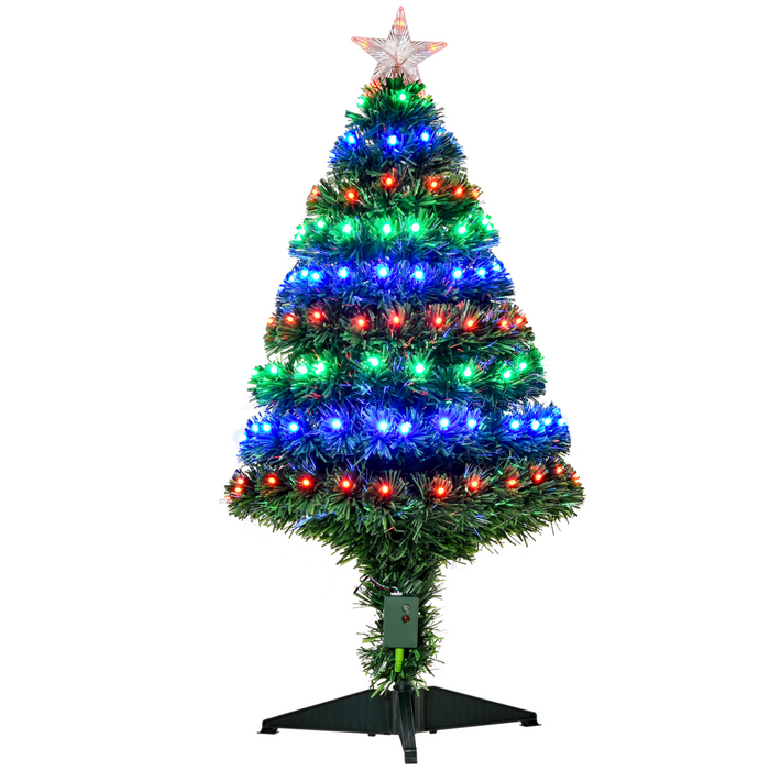 3ft green artificial Christmas tree prelit with multi-coloured fiber optic and LED lights, shown fully fluffed on a sturdy base.