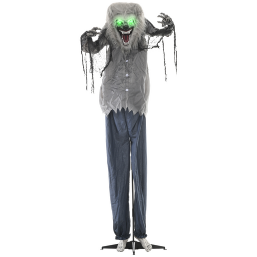 Skeleton werewolf Halloween animatronic with pop-up head, moving shoulders and arms, glowing green eyes for indoor and covered outdoor UK use