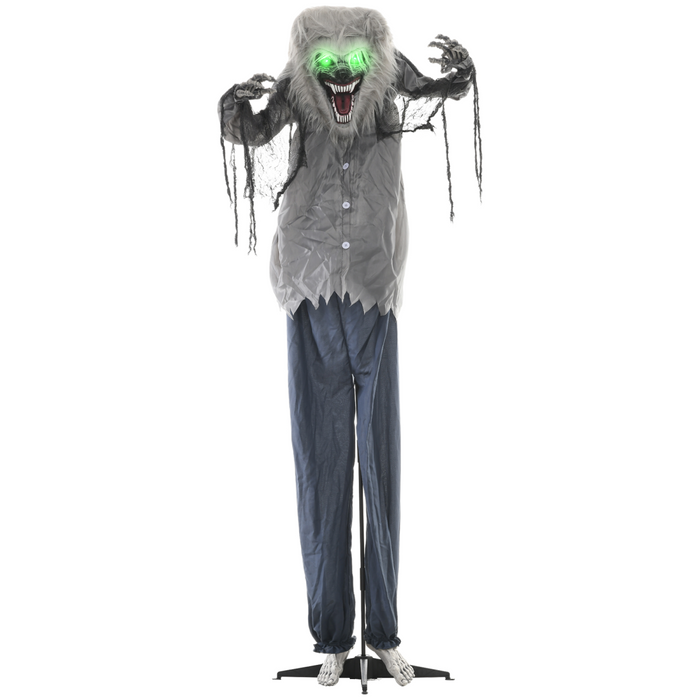 Skeleton werewolf Halloween animatronic with pop-up head, moving shoulders and arms, glowing green eyes for indoor and covered outdoor UK use