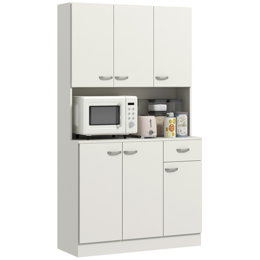 Tall Cream White Kitchen Pantry Cabinet with Adjustable Shelves and Drawer

