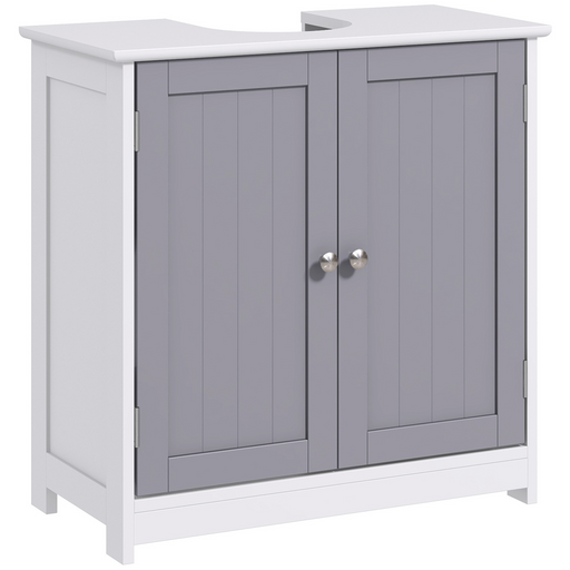 Grey and white under-sink bathroom cabinet with adjustable shelf and U-shaped cut-out

