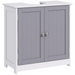 Grey and white under-sink bathroom cabinet with adjustable shelf and U-shaped cut-out

