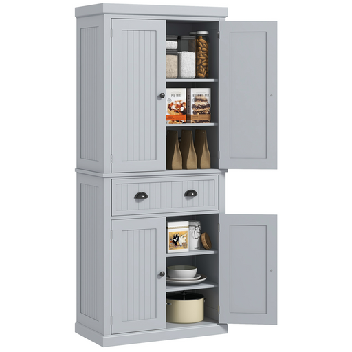 Tall grey storage cabinet with drawers and adjustable shelves for kitchen, living room, or office

