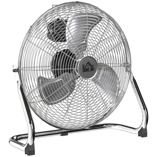 Silver metal desk fan with 3-speed settings and adjustable tilt.