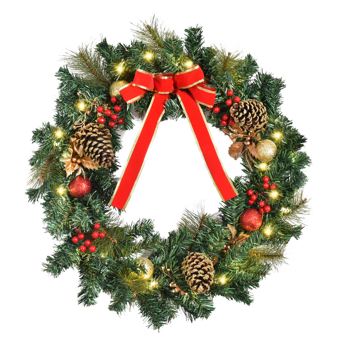 60cm pre-lit artificial Christmas wreath with LED lights, holly, and pine cones