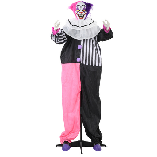 Interactive pink and purple Halloween animatronic clown with moving head, waving arms, red eyes, and scary laugh for indoor and covered outdoor UK use