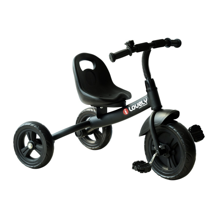 Black toddler tricycle with 3 wheels, adjustable seat, and front splash guard for ages 18 months and up

