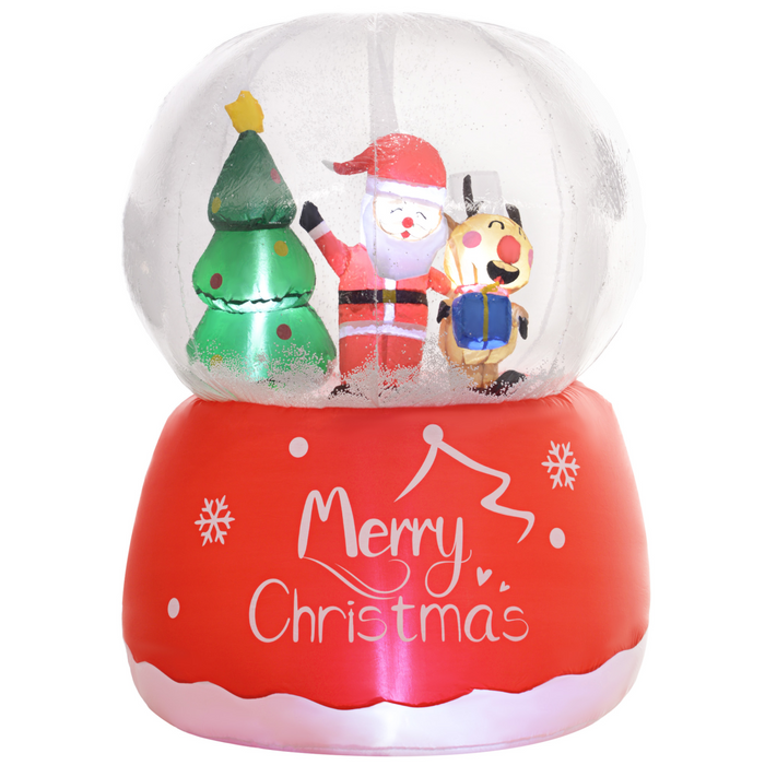 Inflatable Santa Claus, reindeer, and Christmas tree snow globe with white LED lights