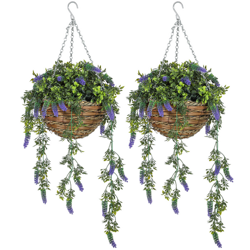 Set of 2 realistic artificial lavender hanging baskets with UV protection and wicker planters

